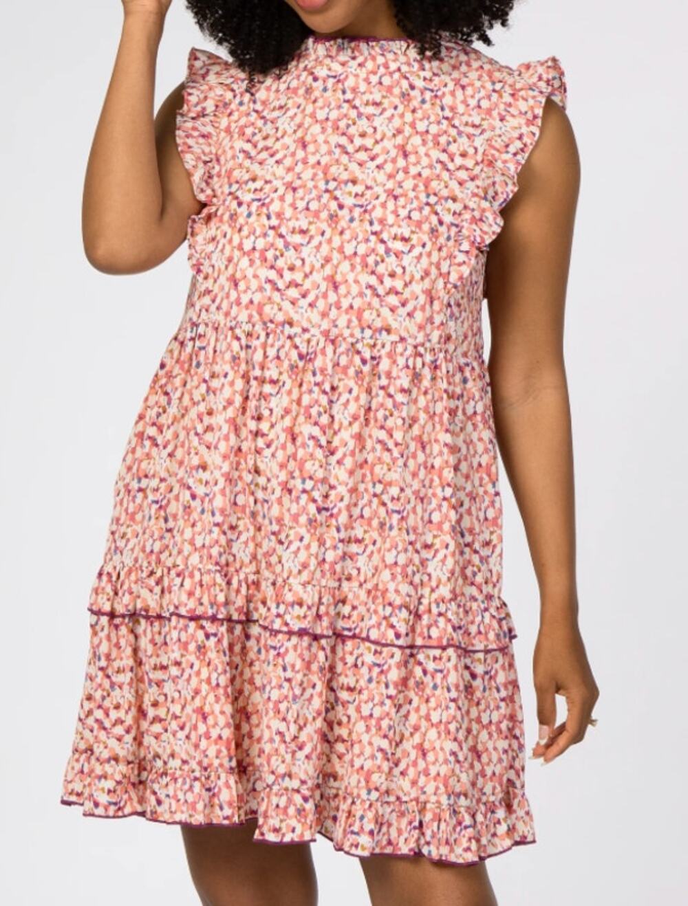 Jodifl Peach Printed Ruffle Mock Neck Tiered Cottage Mini Dress Small